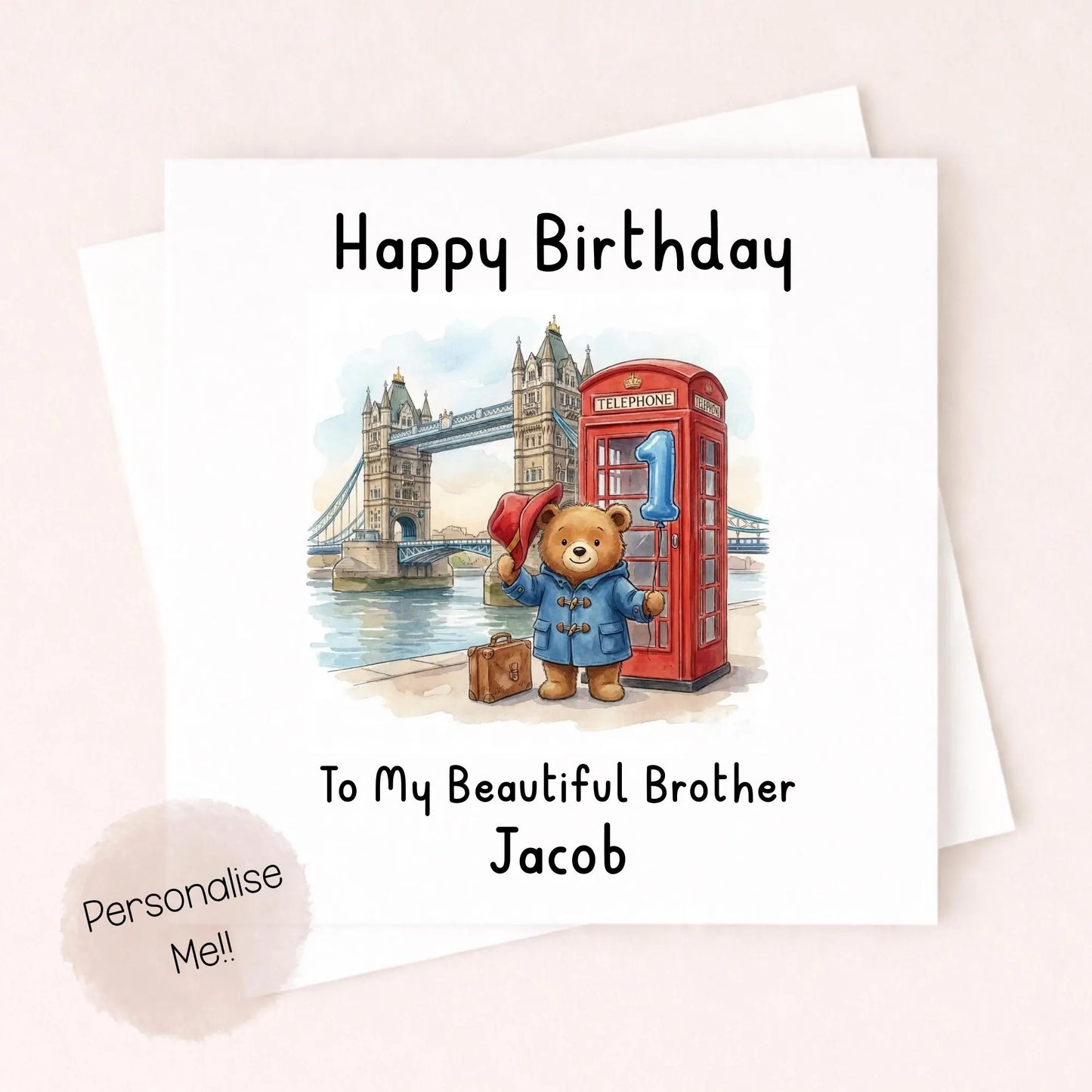 Personalised 1st Birthday Card Son – Cute Bear Birthday Card – Blue Balloon London Boy Birthday Card – Custom Name 1st Birthday