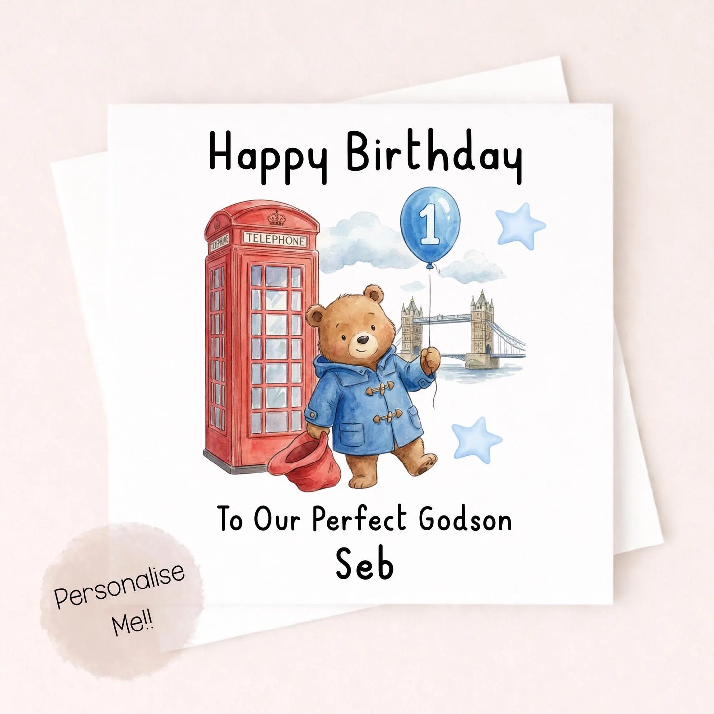Personalised 1st Birthday Card Son – Cute Bear Birthday Card – Blue Balloon Boy Birthday Card – Custom Name 1st Birthday