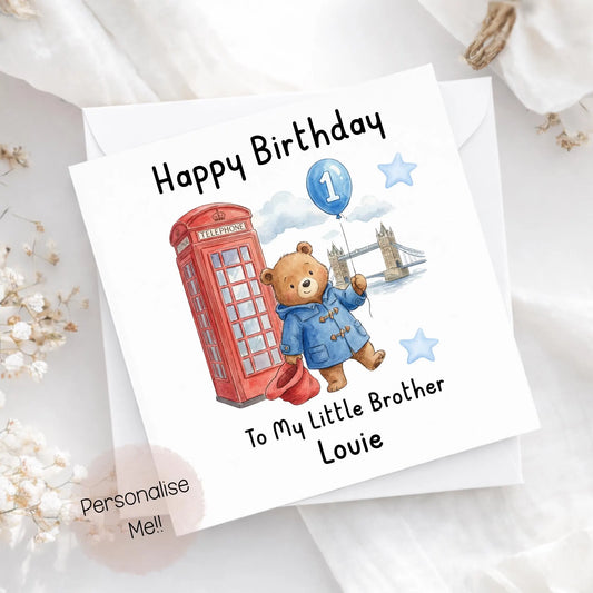 Personalised 1st Birthday Card Son – Cute Bear Birthday Card – Blue Balloon Boy Birthday Card – Custom Name 1st Birthday