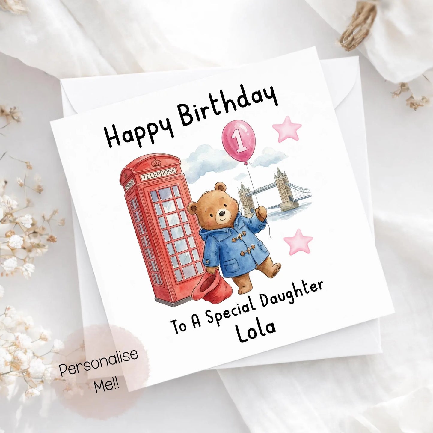 Personalised 1st Birthday Card Granddaughter – Cute Bear Birthday Card – Pink Balloon Girl Birthday Card – Custom Name 1st Birthday