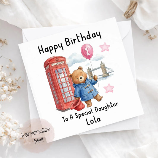 Personalised 1st Birthday Card Granddaughter – Cute Bear Birthday Card – Pink Balloon Girl Birthday Card – Custom Name 1st Birthday