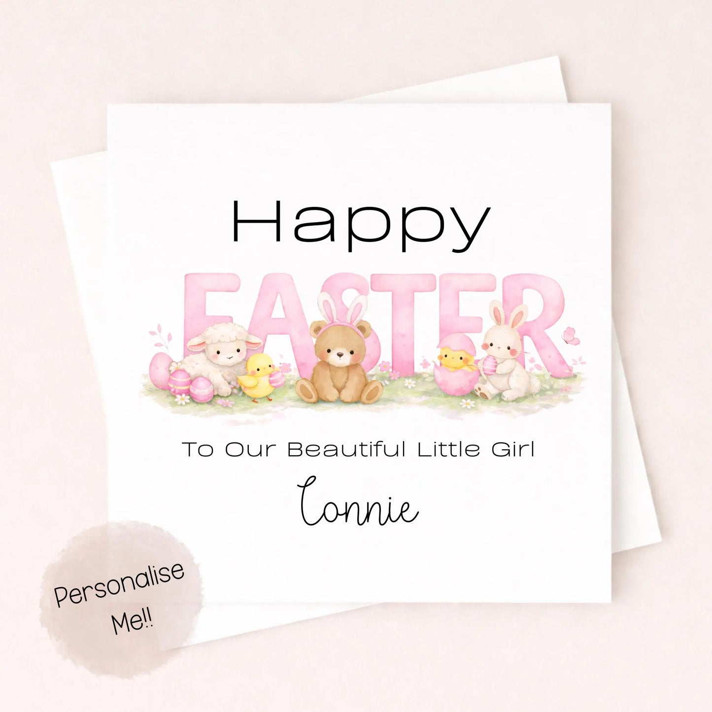 Personalised Easter Card Baby Girl – Cute Easter Bunny Card – Custom Name Kids Easter Card – Little Girl Easter Card