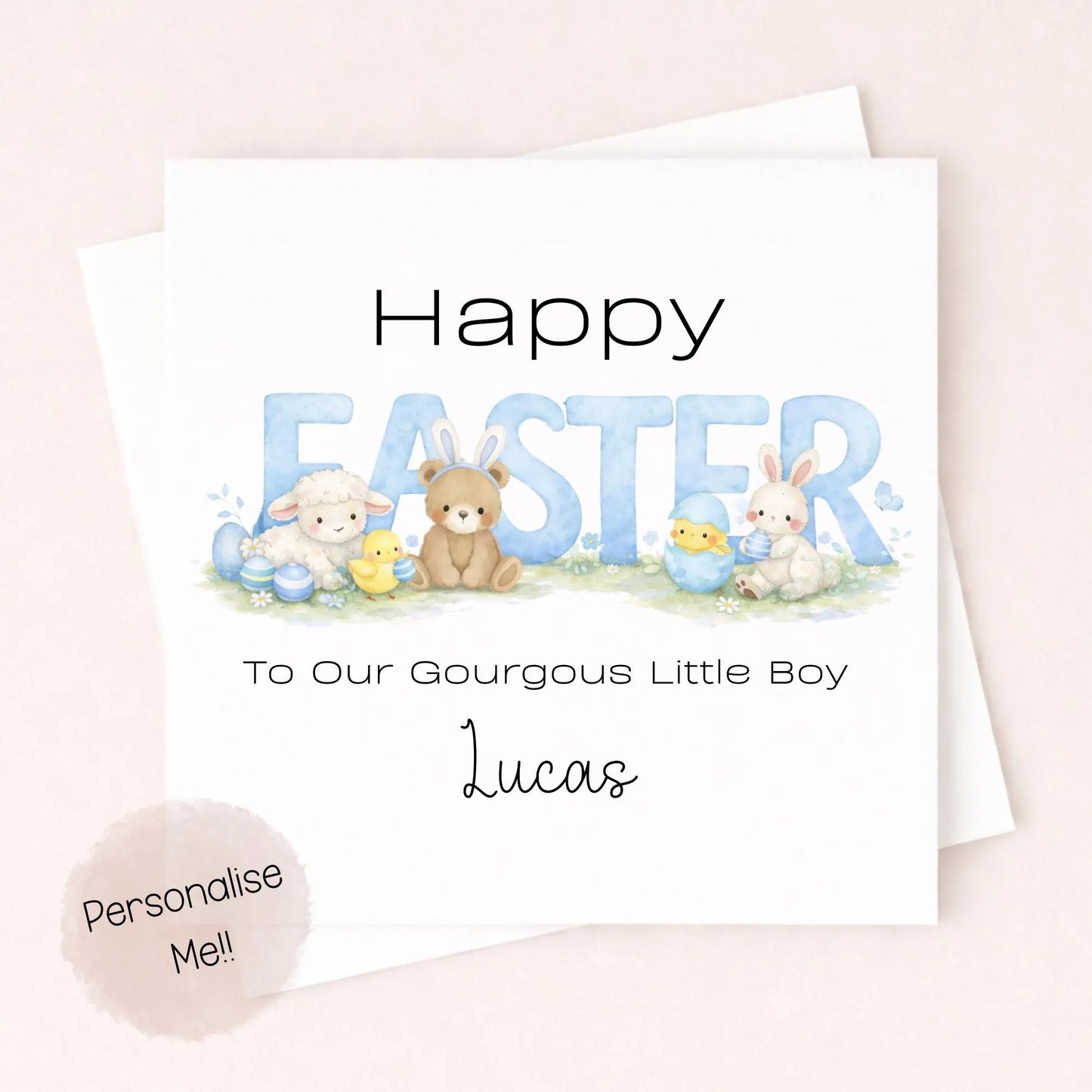 Personalised Easter Card Baby Boy – Cute Easter Bunny Card – Custom Name Kids Easter Card – Little Boy Easter Card