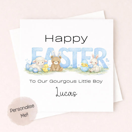 Personalised Easter Card Baby Boy – Cute Easter Bunny Card – Custom Name Kids Easter Card – Little Boy Easter Card