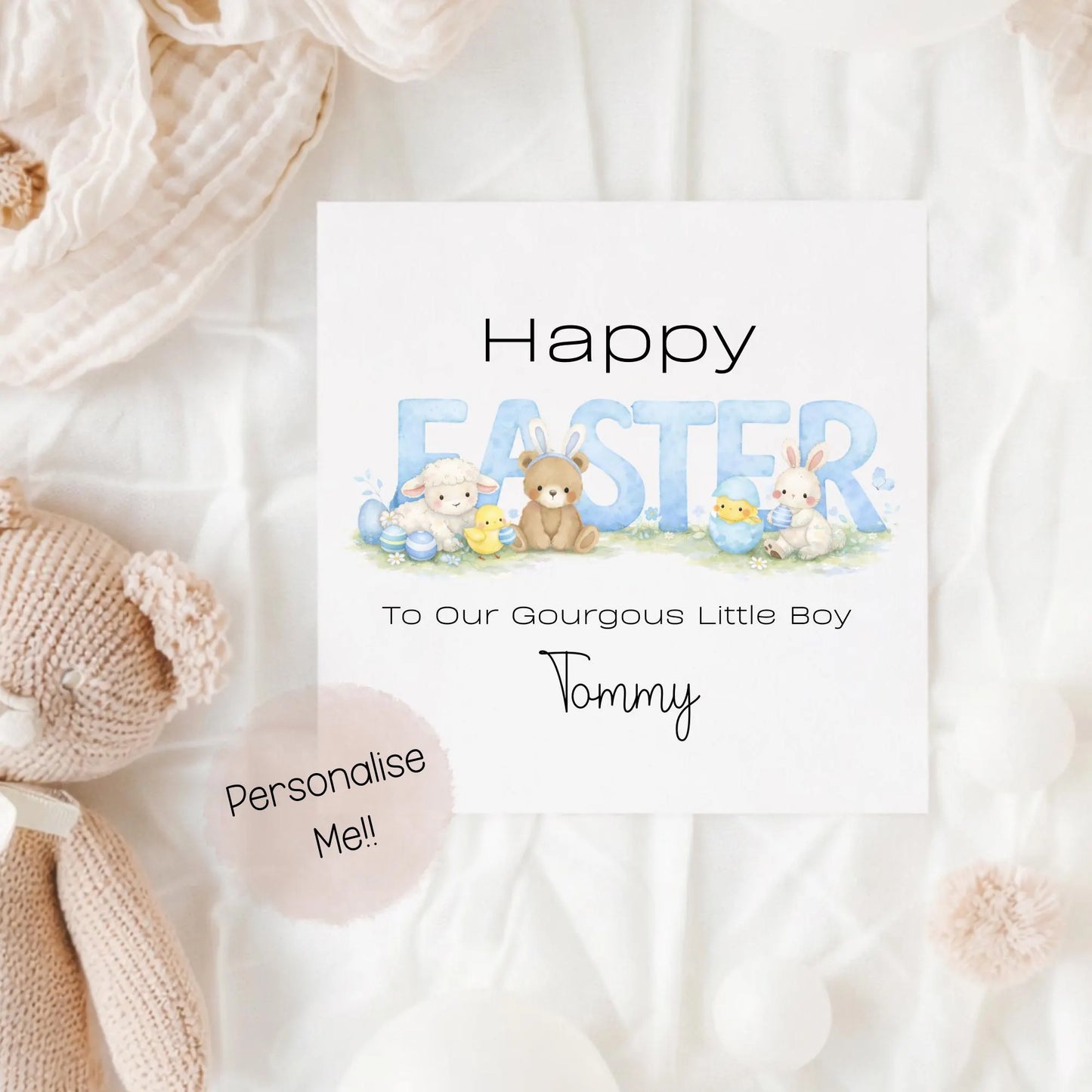 Personalised Easter Card Baby Boy – Cute Easter Bunny Card – Custom Name Kids Easter Card – Little Boy Easter Card