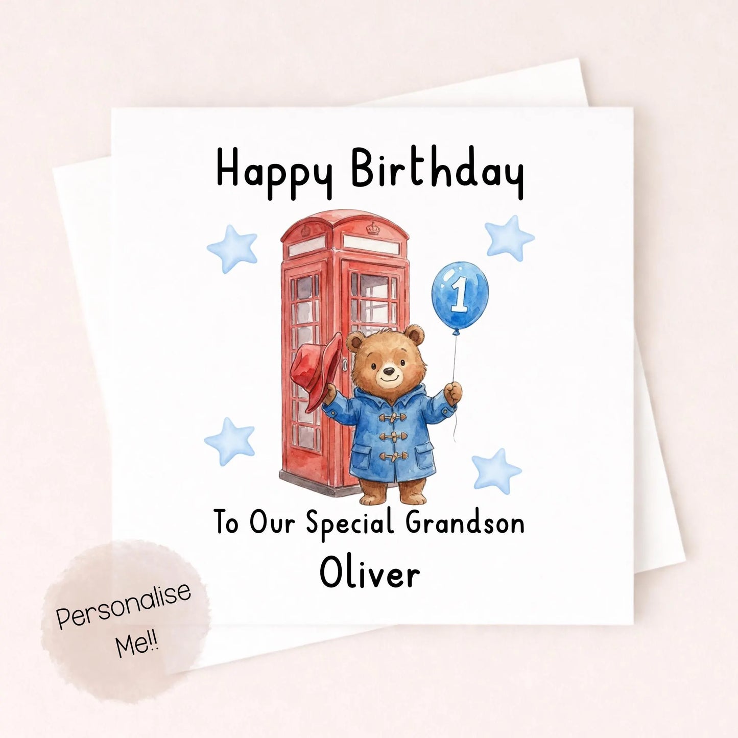 Personalised 1st Birthday Card Son – Cute Bear Birthday Card – Blue Balloon Boy Birthday Card – Custom Name 1st Birthday
