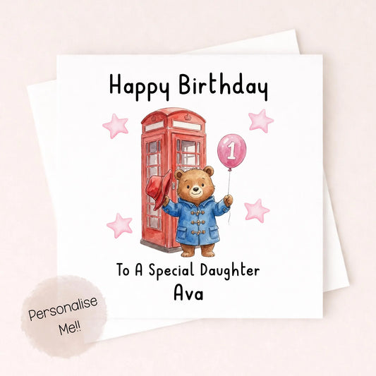 Personalised 1st Birthday Card Granddaughter – Cute Bear Birthday Card – Pink Balloon Girl Birthday Card – Custom Name 1st Birthday