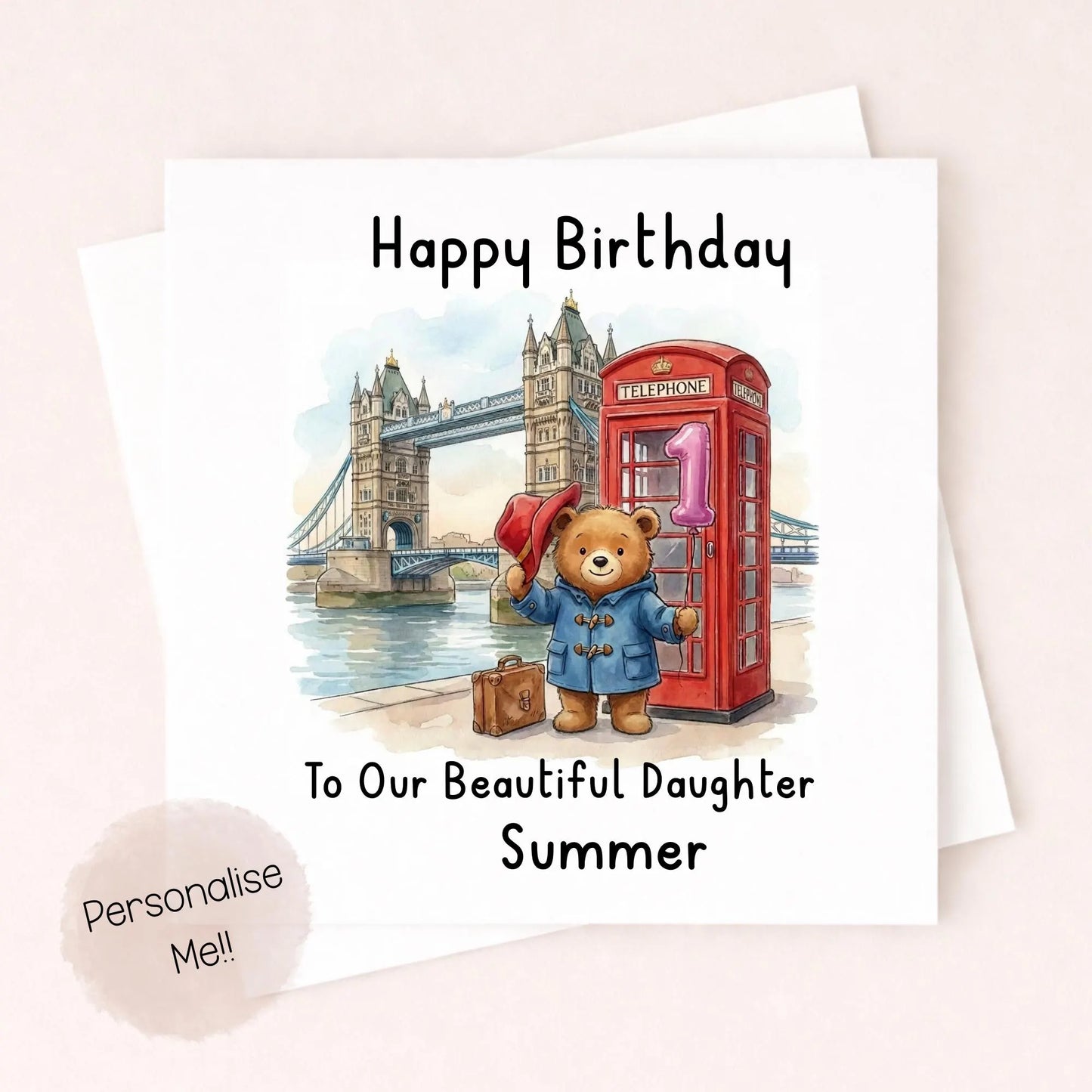 Personalised 1st Birthday Card Granddaughter – Cute Bear Birthday Card – Pink Balloon London Girl Birthday Card – Custom Name 1st Birthday