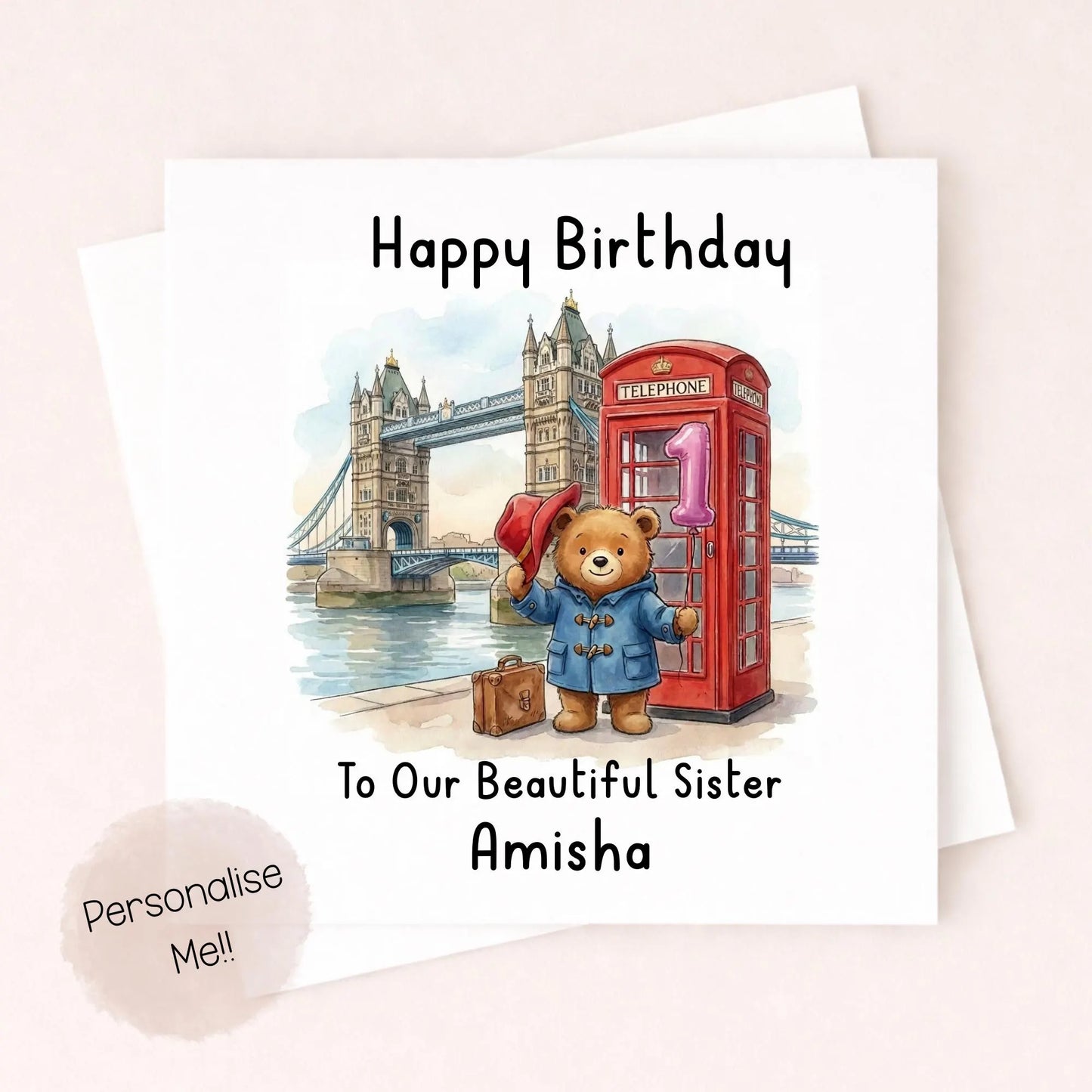 Personalised 1st Birthday Card Granddaughter – Cute Bear Birthday Card – Pink Balloon London Girl Birthday Card – Custom Name 1st Birthday