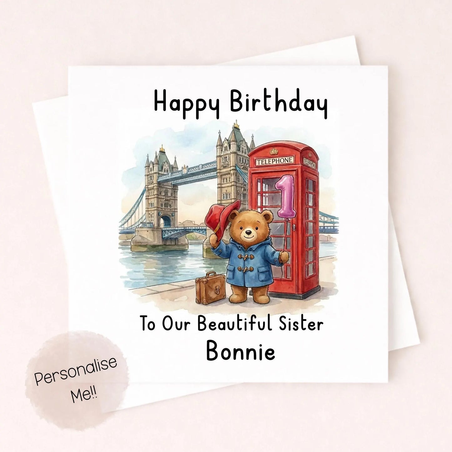 Personalised 1st Birthday Card Granddaughter – Cute Bear Birthday Card – Pink Balloon London Girl Birthday Card – Custom Name 1st Birthday