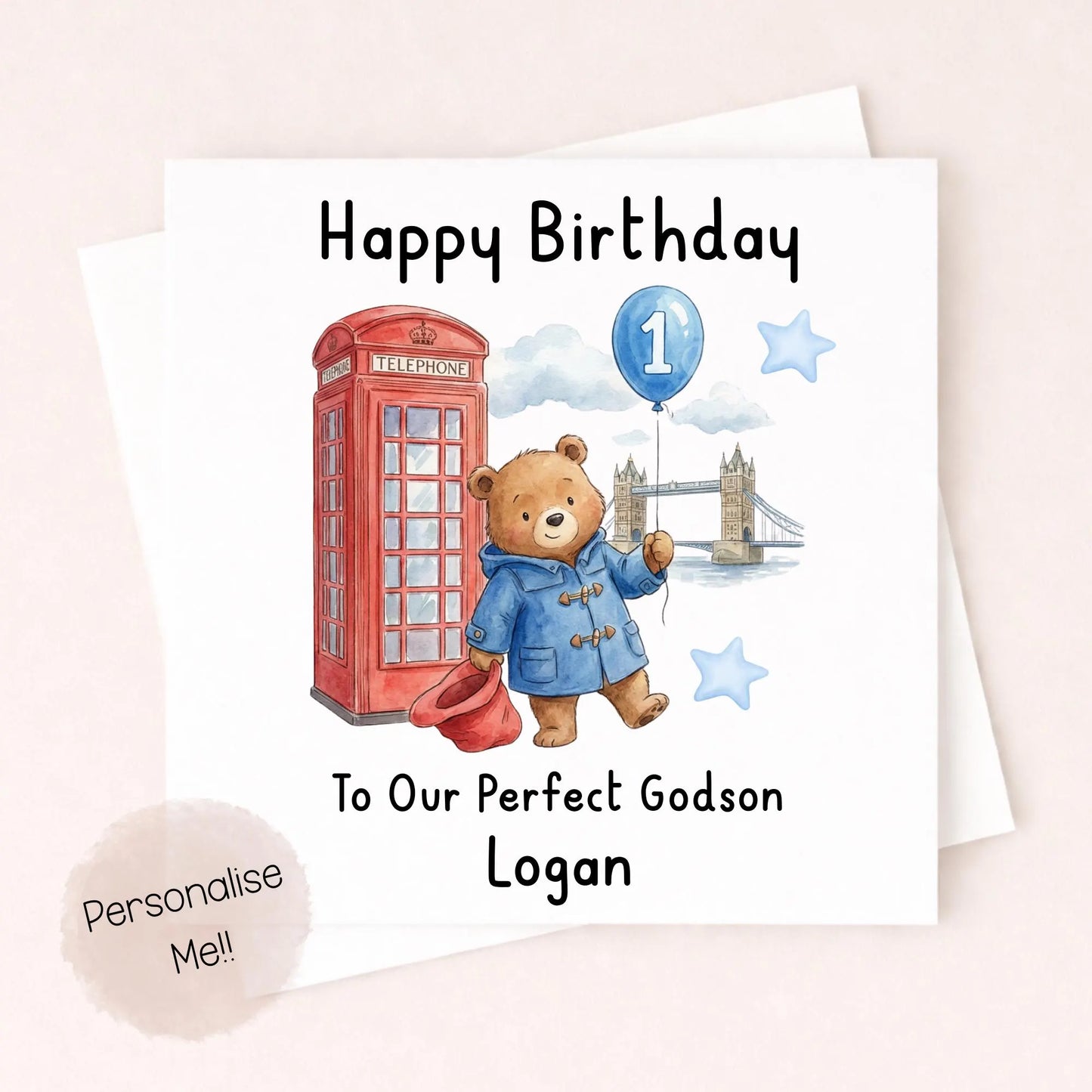Personalised 1st Birthday Card Son – Cute Bear Birthday Card – Blue Balloon Boy Birthday Card – Custom Name 1st Birthday