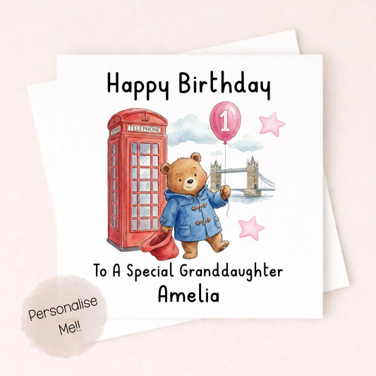 Personalised 1st Birthday Card Granddaughter – Cute Bear Birthday Card – Pink Balloon Girl Birthday Card – Custom Name 1st Birthday