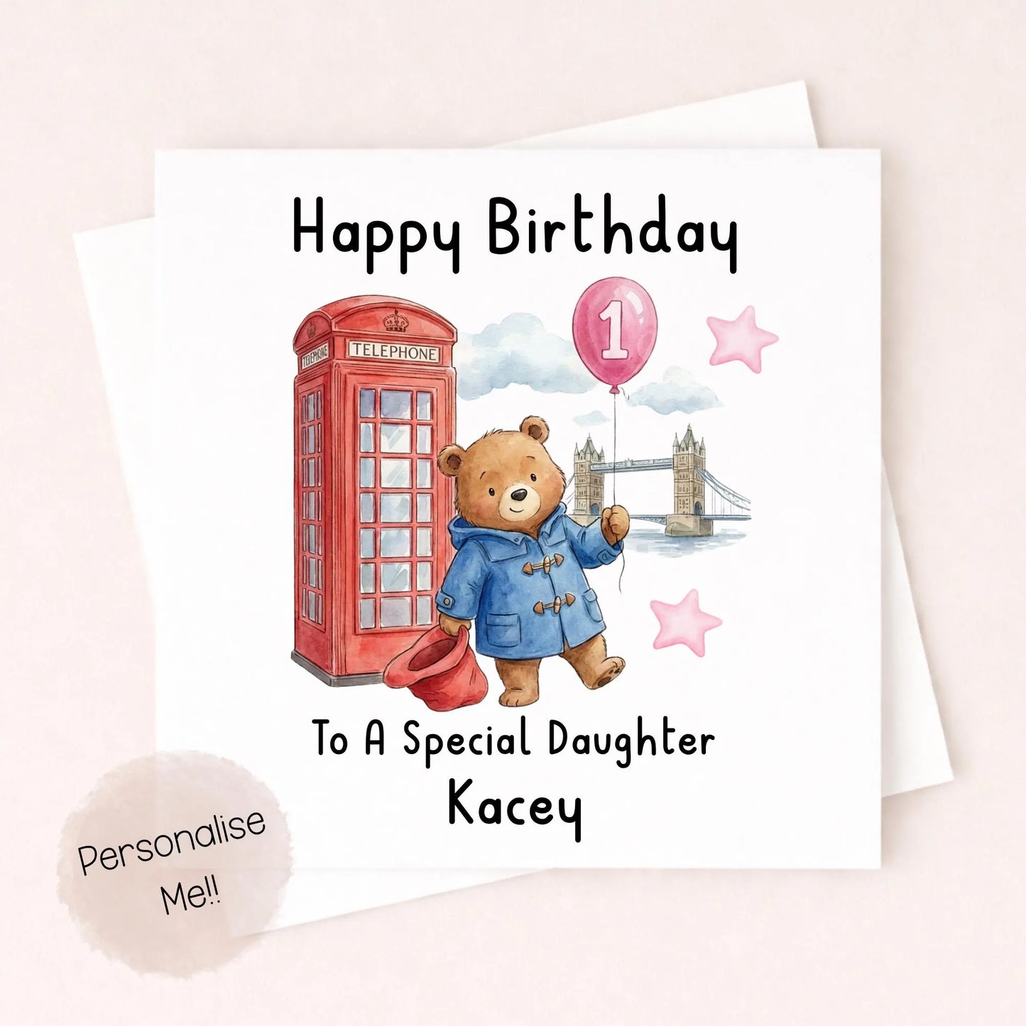 Personalised 1st Birthday Card Granddaughter – Cute Bear Birthday Card – Pink Balloon Girl Birthday Card – Custom Name 1st Birthday