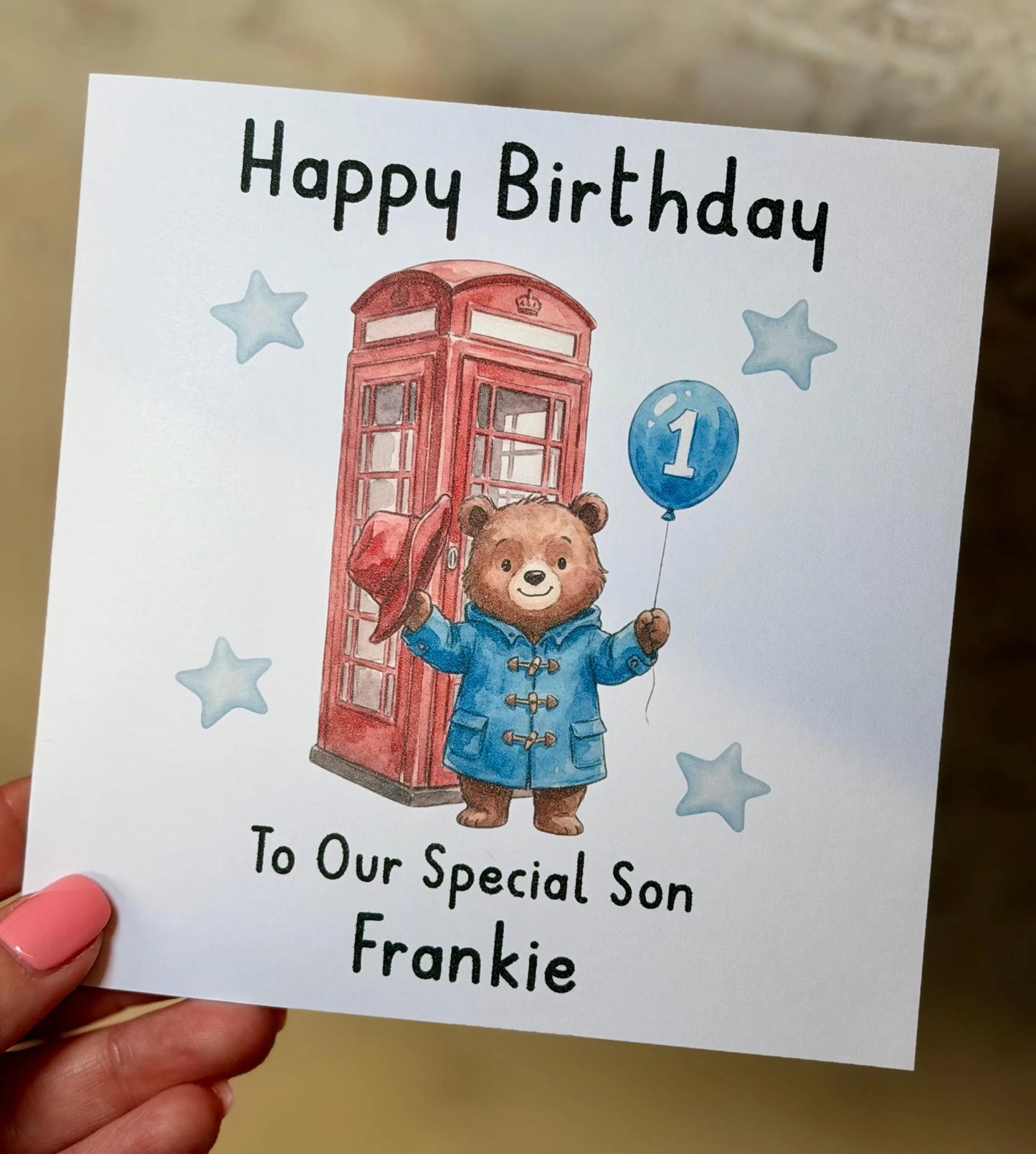 Personalised 1st Birthday Card Son – Cute Bear Birthday Card – Blue Balloon Boy Birthday Card – Custom Name 1st Birthday