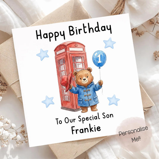 Personalised 1st Birthday Card Son – Cute Bear Birthday Card – Blue Balloon Boy Birthday Card – Custom Name 1st Birthday