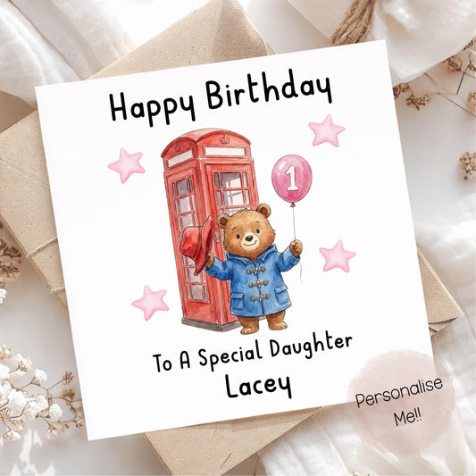 Personalised 1st Birthday Card Granddaughter – Cute Bear Birthday Card – Pink Balloon Girl Birthday Card – Custom Name 1st Birthday