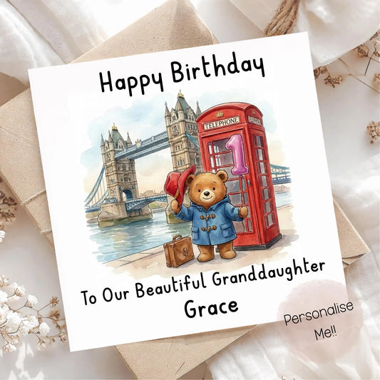Personalised 1st Birthday Card Granddaughter – Cute Bear Birthday Card – Pink Balloon London Girl Birthday Card – Custom Name 1st Birthday
