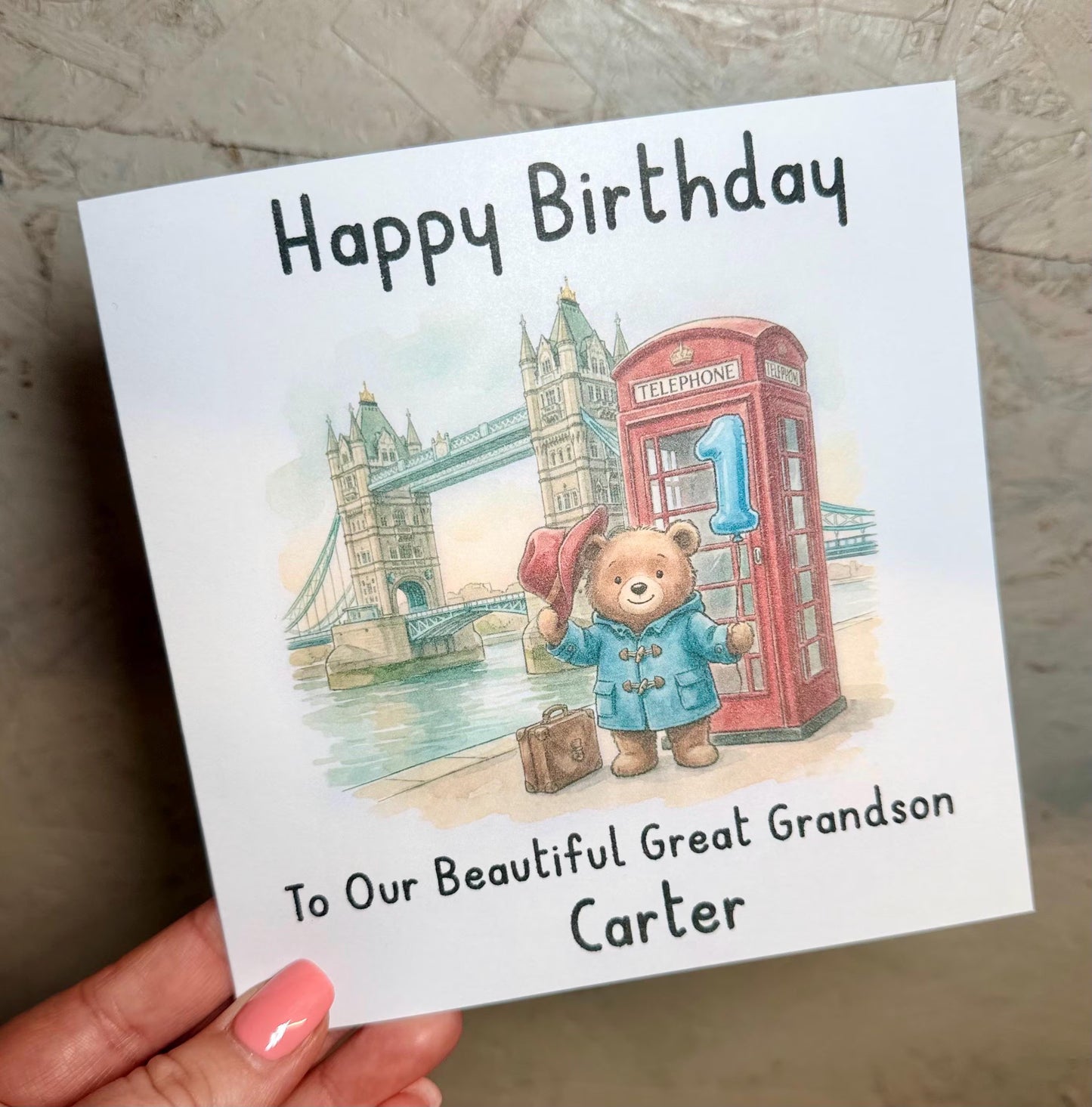 Personalised 1st Birthday Card Son – Cute Bear Birthday Card – Blue Balloon London Boy Birthday Card – Custom Name 1st Birthday