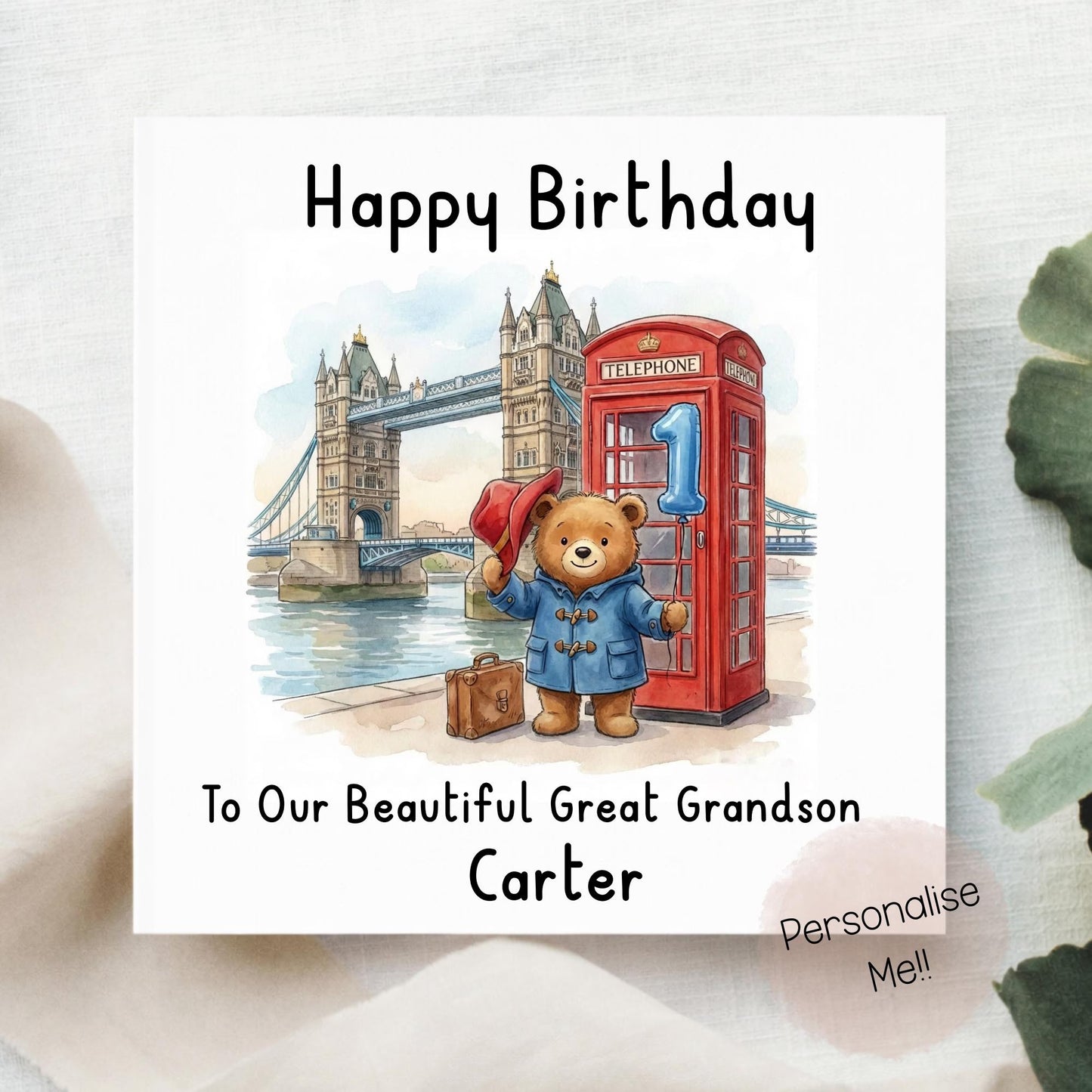 Personalised 1st Birthday Card Son – Cute Bear Birthday Card – Blue Balloon London Boy Birthday Card – Custom Name 1st Birthday