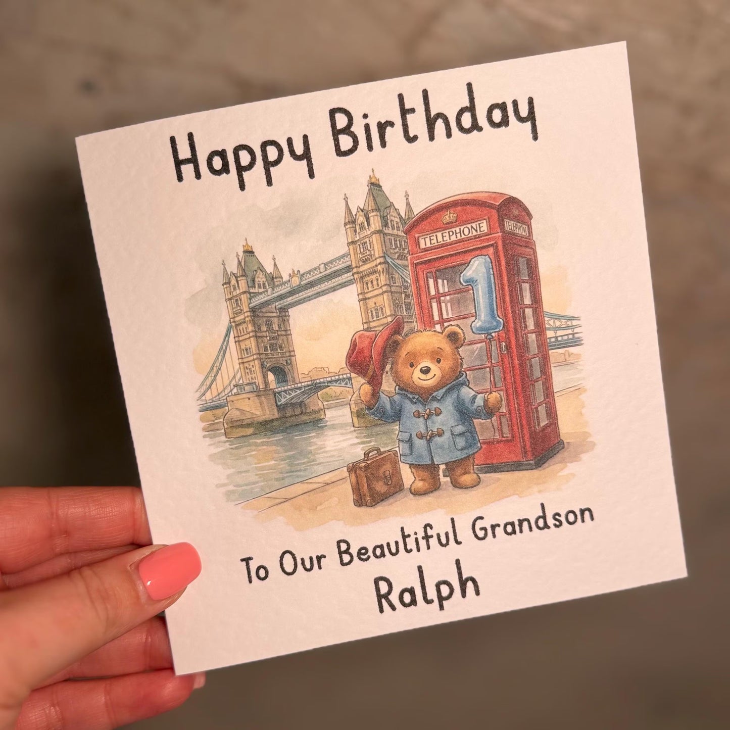 Personalised 1st Birthday Card Son – Cute Bear Birthday Card – Blue Balloon London Boy Birthday Card – Custom Name 1st Birthday