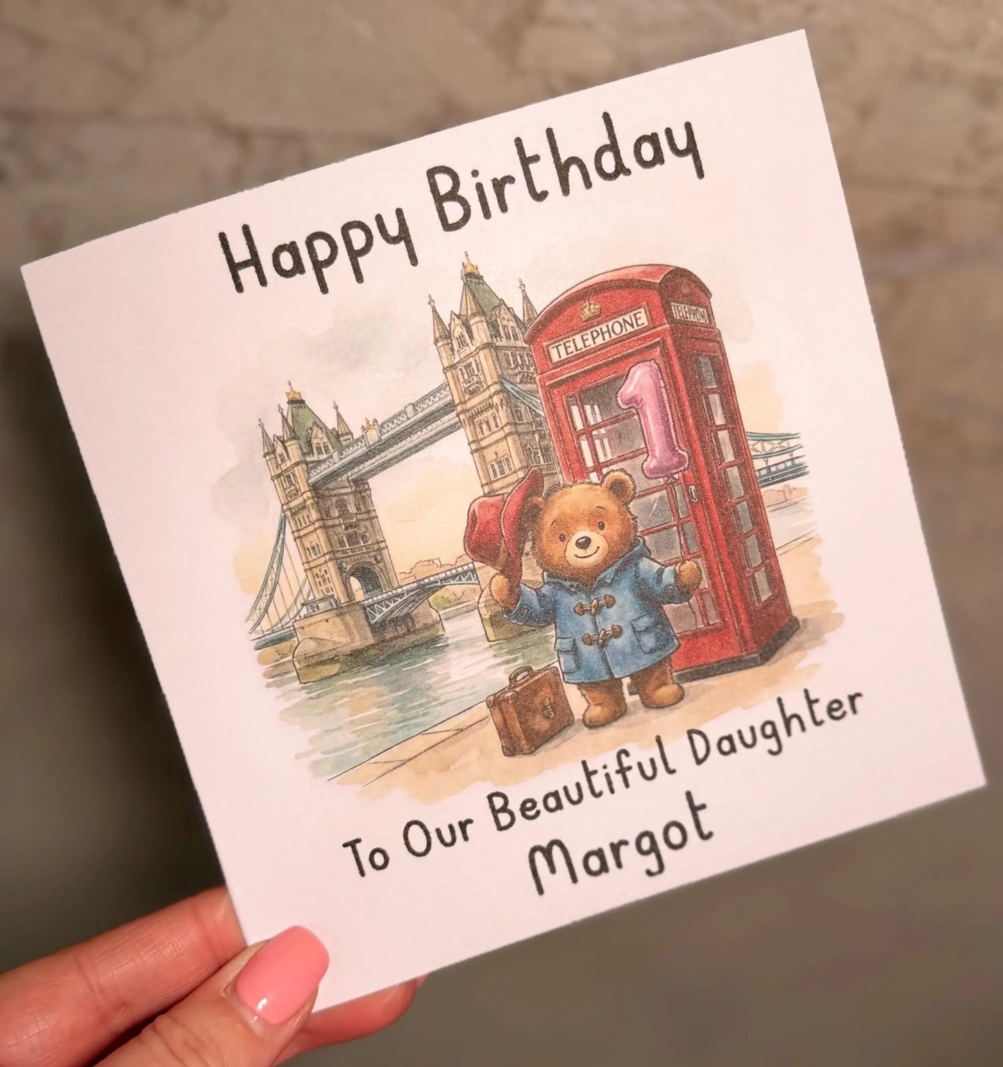 Personalised 1st Birthday Card Granddaughter – Cute Bear Birthday Card – Pink Balloon London Girl Birthday Card – Custom Name 1st Birthday