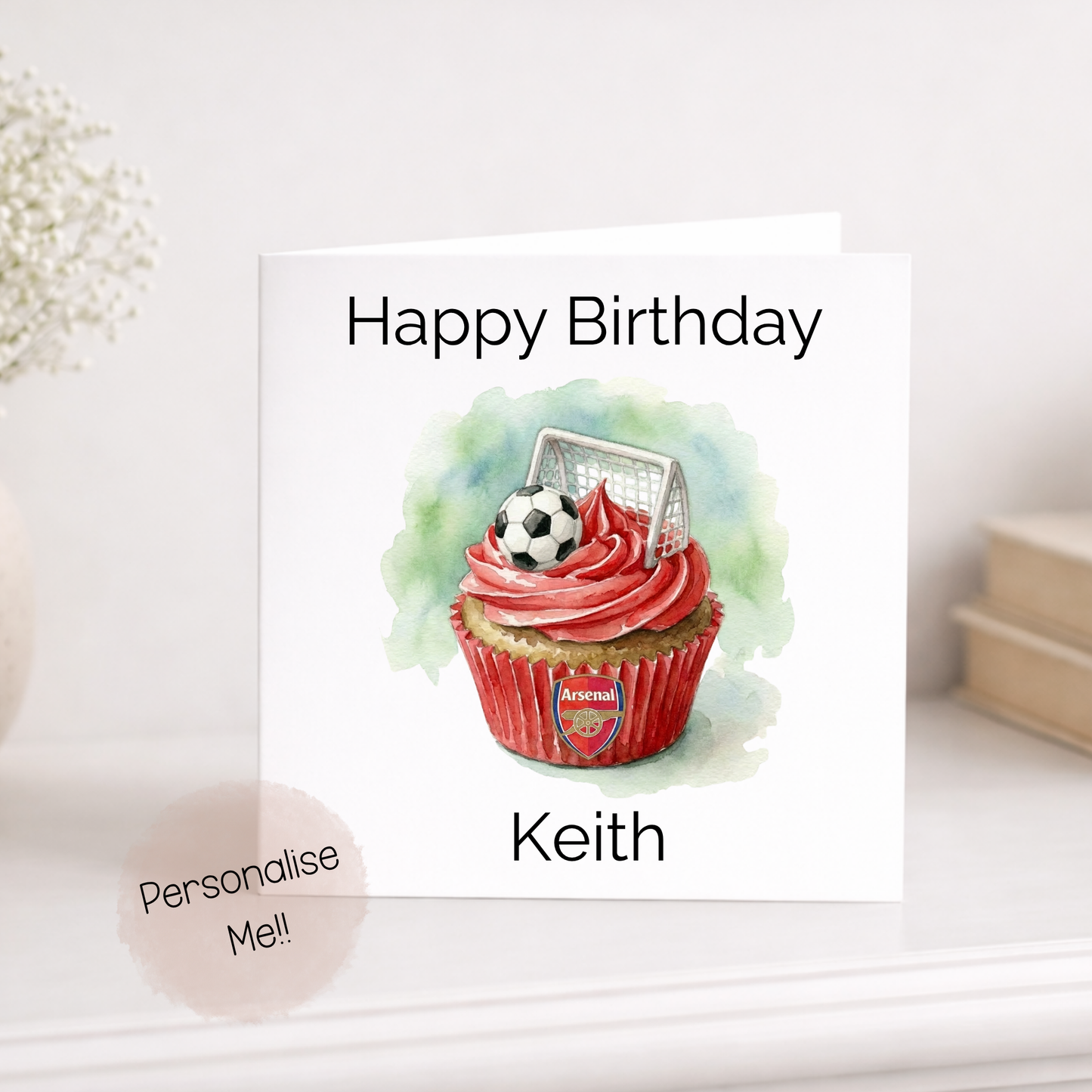Personalised football birthday card with cupcake, football topper and custom team badge design, personalised with name