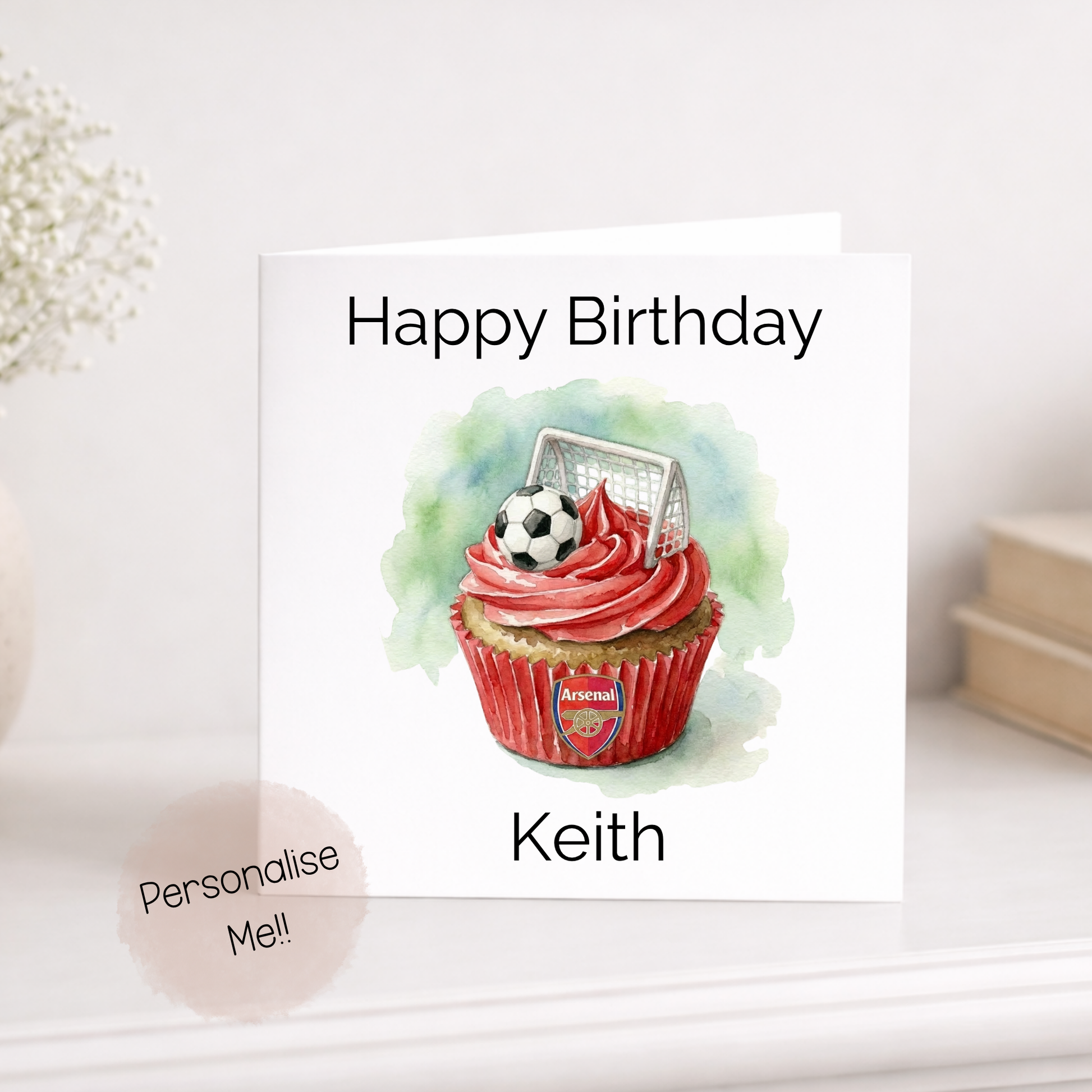 Personalised football birthday card with cupcake, football topper and custom team badge design, personalised with name