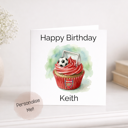 Personalised football birthday card with cupcake, football topper and custom team badge design, personalised with name